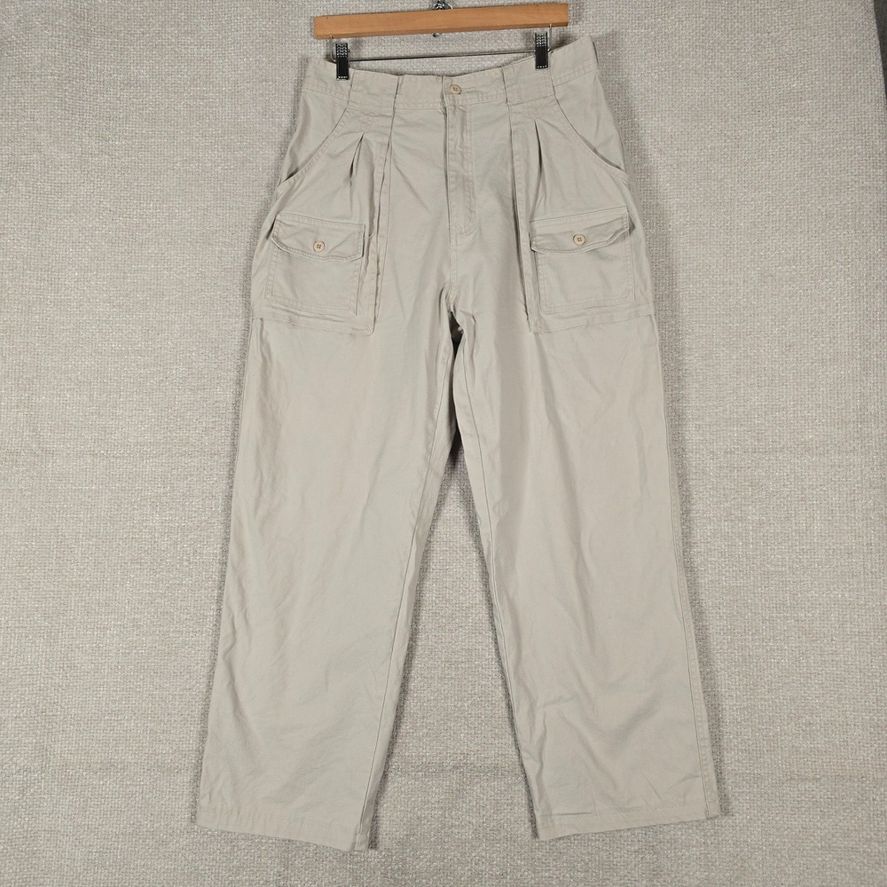 Cabelas 7-Pocket Hiker Pants Womens 14 Khaki Tan Cotton Stretch Wide Leg Cargo